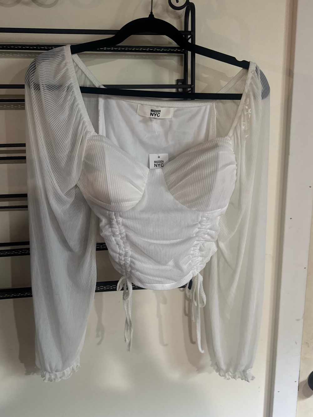 NWT Madden NYC White Mesh Corset Ruched Long Sleeve Top L